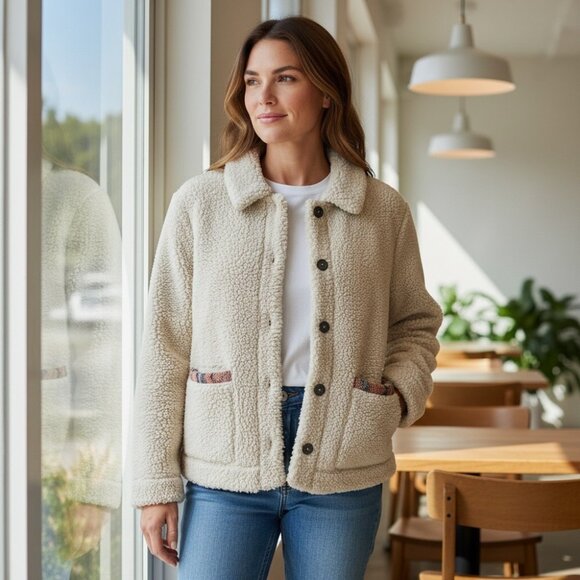 Orvis Teddy Bear Sherpa Tapestry Trim Cream Shacket Jacket Womens L Large - Picture 1 of 14